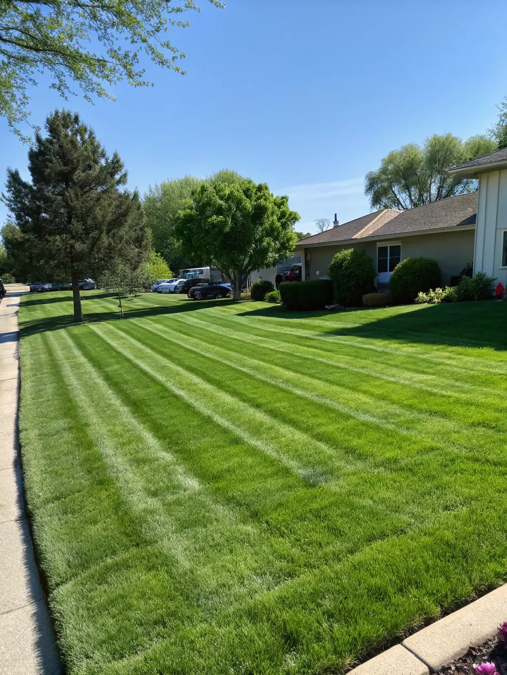 A close-up shot of a perfectly striped and manicured lawn, showcasing the precision mowing services offered by Peach State Property Pros.